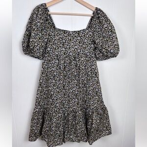 Uniqlo Floral Babydoll Dress Cottagecore Puff Sleeve Tiered Black XS